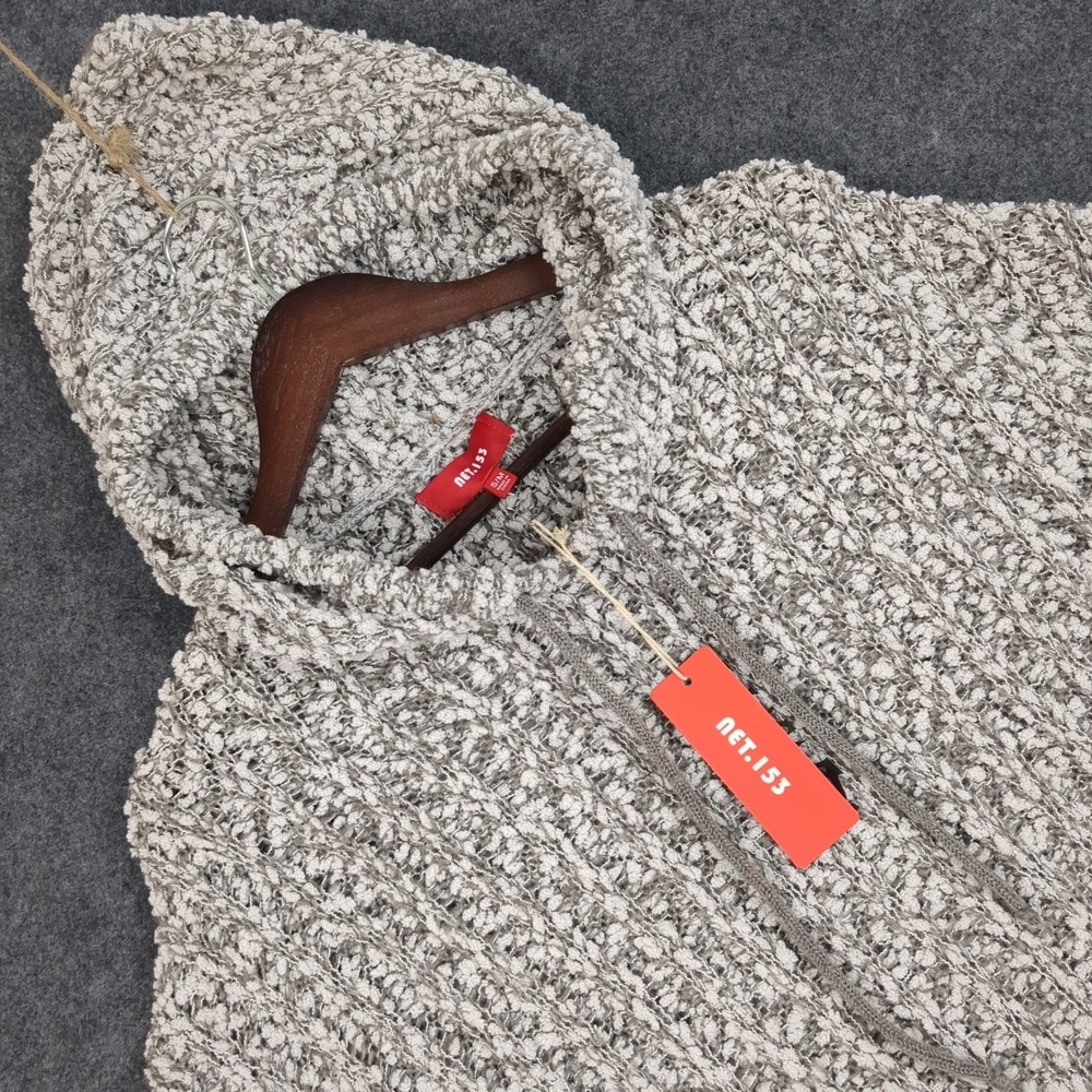 NET.153 Women S/M Chunky Knit Hoodie Cream Tan Marled Boucle Popcorn Sweater NWT